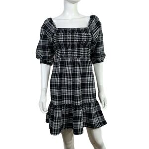 Rebellion Smocked Bodice Puff Sleeve Ruffle Plaid Dress